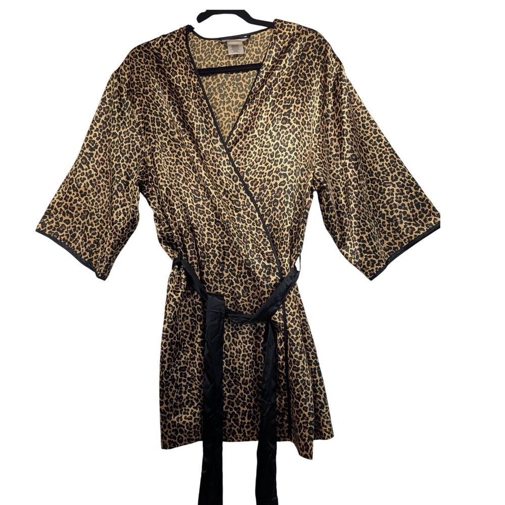 Leopard Print Satin Robe Kimono Style Short Loungewear Gold Brown M